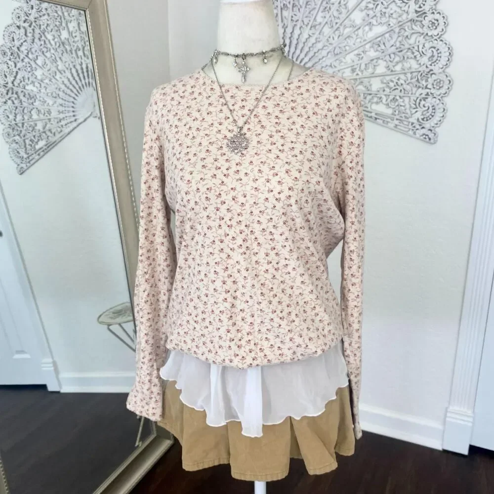 L.L.Bean Early 2000's Cream Red Cottage Core Floral Cotton Longsleeve Top S - Picture 3 of 6
